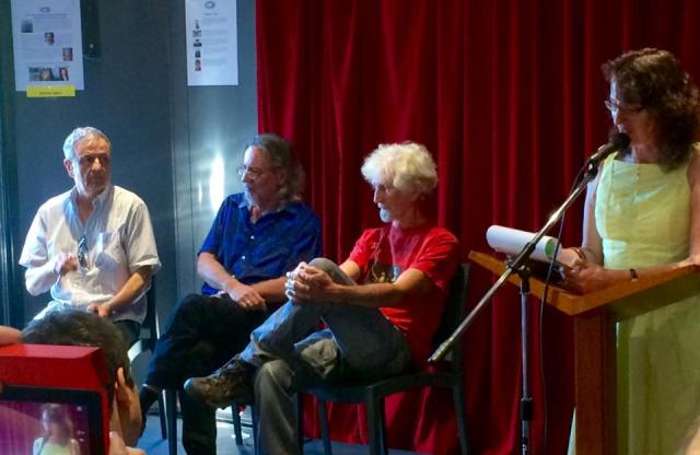Martin Langford, Les Wicks and Phil Hammial with MC xxxx at the microphone during Island Press' 45 birthday celebrations.Picture ....